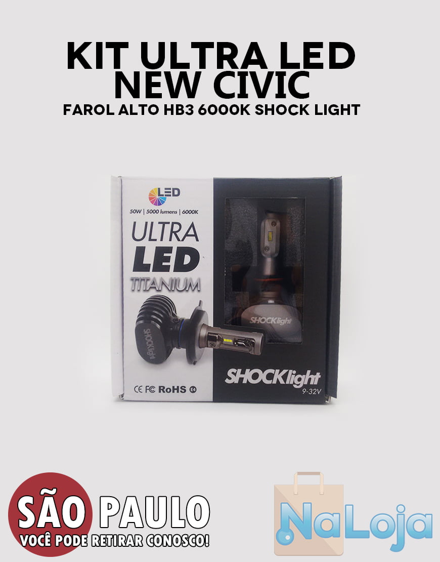 kit Ultra LED New Civic Farol Alto HB3 6000k Shock Light Titanium